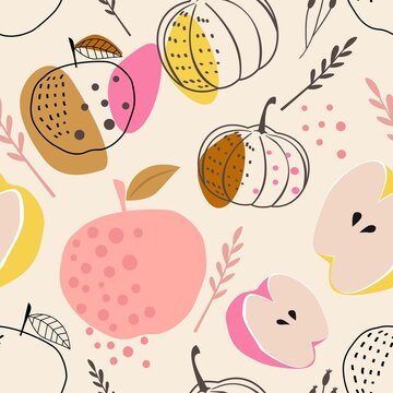 Abstract seamless pattern with stylized apples and pumpkins. Modern abstract design for paper, covers, fabrics, home decoration and other purposes.