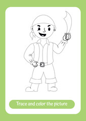 Little smiling pirate with saber. Trace and color the picture. Educational game for children. Handwriting and drawing practice. Pirate theme activity for toddlers, kids. Vector illustration.