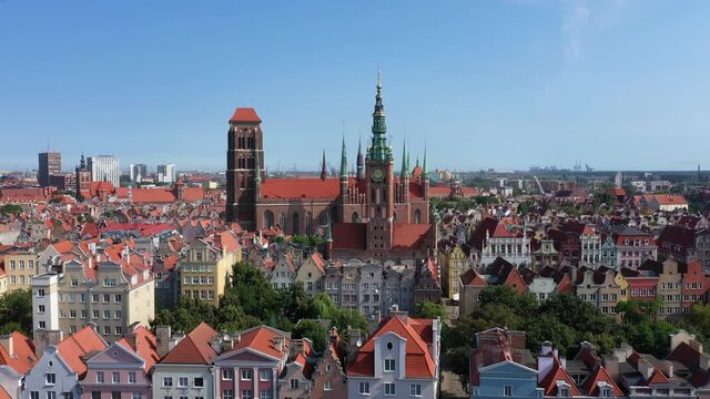 Gdansk, Poland. Aerial view of Old Town direction to historic Town Hall
