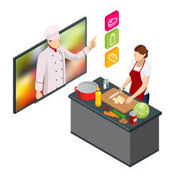 Isometric Cooking Education Online. Professional cooking. Woman chef cooking while streaming online for webinar masterclass lesson at home