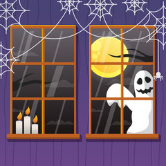 Happy halloween illustration with cute ghost peeking outside the window
