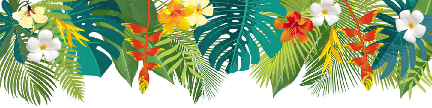 Fototapeta Tropical leaves and flowers border. Summer floral decoration. Horizontal summertime banner. Bright jungle background. Bright colors. Caribean beach party backdrop