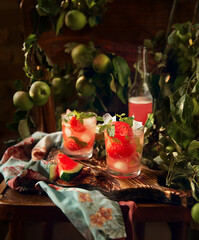 Watermelon cocktails in the glasses decorated with milt. Apple branches as a background