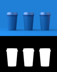 Three disposable plastic cups standing in a row. Mockup for your design. 3d illustration rendering. Alpha Channel mask.