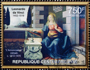 Detail from the Annunciation by Leonardo on postage stamp