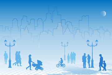city ​​landscape. silhouettes of people on the background of the city