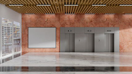 3D rendering panoramic view front elevator doors with large board