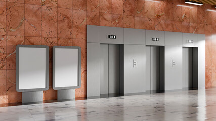 3D rendering perspective front elevator doors with two signboard