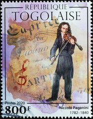Niccolò Paganini playing the violin on postage stamp