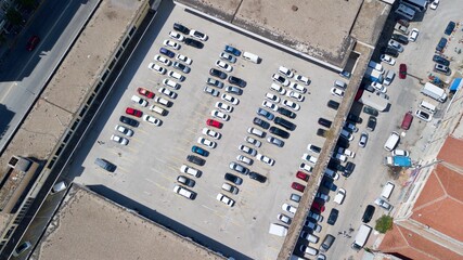 Aerial view of the parking lot at the city center. 