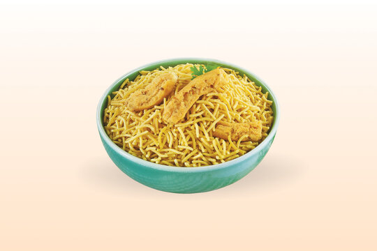 Indian Mathari made with fine wheat flour and namkeen Bikaneri Bhujiya made with chickpea flour (Besan), popular Indian snacks, Tasty namkeen Bikaneri Bhujiya made with chickpea flour, Bhujia sev