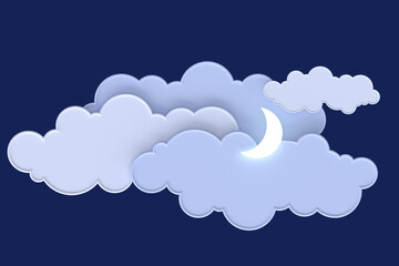Graphic volumetric image of clouds and a luminous moon on a blue background. picture for the design of children's themes.