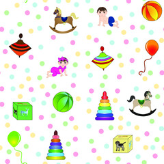 Seamless pattern painted in a children's style. Children's toys for boys and girls. Vector illustration