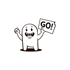 flat art black and white illustration of a happy cartoon character with a poster with the word Go in hand