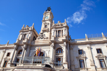 Fototapeta na wymiar Valencia City Hall . Old Mayoral School in Valencia . Large Balcony in Baroque Style 