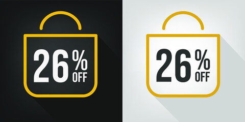 26% off. Black, white and yellow banner with twenty-six percent discount. Shopping bag concept vector.