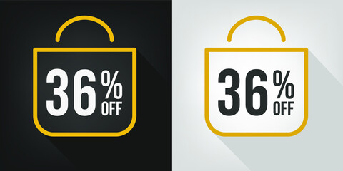 36% off. Black, white and yellow banner with thirty-six percent discount. Shopping bag concept vector.