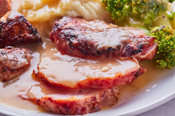 Roasted sliced gammon with veg and gravy.