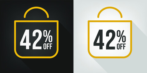 42% off. Black, white and yellow banner with forty-two percent discount. Shopping bag concept vector.