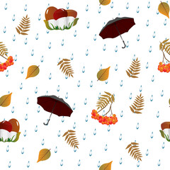 Seamless pattern on a white background with autumn leaves, mountain ash, umbrellas and rain. Vector illustration