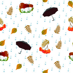 Seamless pattern on a white background with autumn leaves, mountain ash, umbrellas and rain. Vector illustration