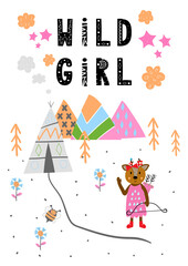 Cute vector print in scandinavian hand drawn style. Cartoon animal with inspirational quote. Doodle vector illustration for posters, baby birthday, cards, t-shirts. Colorful nordic kids print.