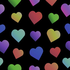 
Seamless pattern of multicolored hearts on a black background.
