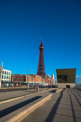 Blackpool seafront and promenade with a blue cloudless sky including the Blackpool Tower, Lancashire, UK © Ian Kennedy