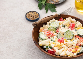 space cucumber vegetable salad in wood plate food background
