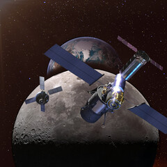 Fototapeta na wymiar Spaceships in the space above the moon and earth far away in the night on the background. Elements of this image furnished by NASA.