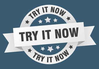 try it now round ribbon isolated label. try it now sign