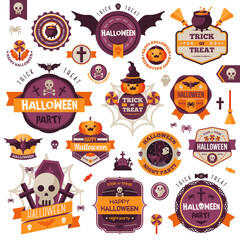 Set Of Vintage Happy Halloween Badges and Labels. Halloween Scrapbook Set. Ribbons, Flat Icons and Other Elements. Vector illustration. Cute Halloween Characters.