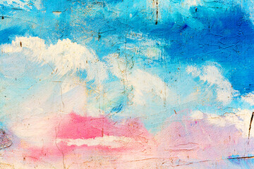 Abstract creative background of chaotic strokes of old cracked paint on concrete wall. Old surface with traces of paint, weathered, scratches and cracks for design - 370167000