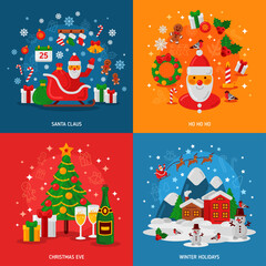 New Year and Christmas Concepts Set. Flat Winter Fun Holiday Design. Vector illustration. Winter Evening Village Street with Flying Sledge. Christmas Tree Gifts and Champagne. Santa Claus Presents.