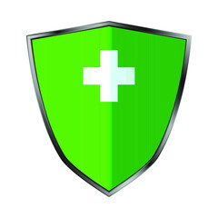 green shield, with a white cross, iron shield, no shadow, on white background, vector, illustration