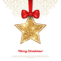Greeting Card with Shining Gold Star Bauble and Red Silk Ribbon. Vector illustration. Happy New Year, Merry Christmas, Seasons Greetings.