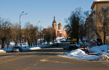 Ramenskoe. Moscow region. Russia. March 08.2018. View of the Orthodox Church from Karl-Marx street on a Sunny day.