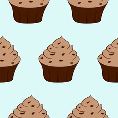 Tasty chocolate cupcakes isolated on blue background. Sweet dessert seamless pattern. Vector illustration