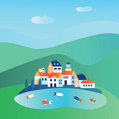 Landscape with houses and lake, village in the meadows. Vector graphic illustration