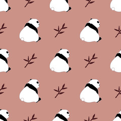 Seamless simple panda bear and bamboo pattern. The Chinese bear sits with its back. Stock vector illustration. Delicate colors, funny face. For printing on children's, stationery, postcards.