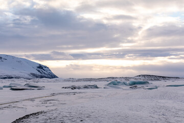 Winter Panorama of Icelandic Atlantic ocean, snow, cloud and Vatnajökull National Park