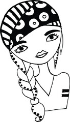 vector illustration black and white Braid headscarf girl