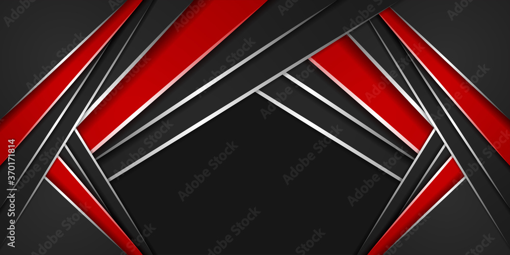 Poster modern 3d geometry shapes black frame layout lines with shiny color red borders on dark vector templ