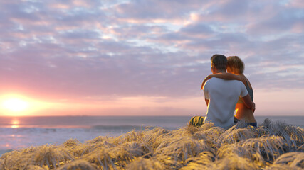 couple in love on the seashore at sunset