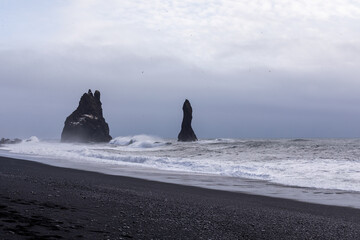 Naklejka na ściany i meble Reynisfjara black beach and rocks emerging from the winter Atlantic Ocean