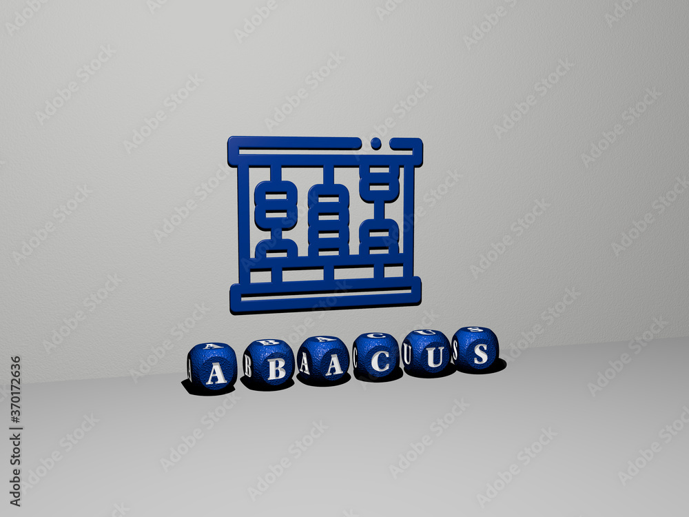 Poster 3d graphical image of abacus vertically along with text built by metallic cubic letters from the top