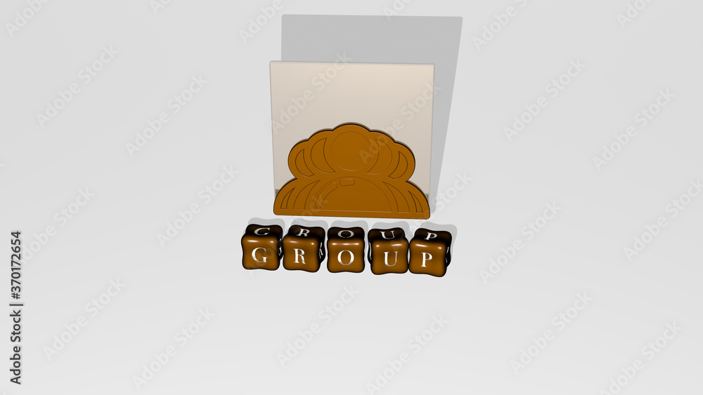 Poster 3d representation of group with icon on the wall and text arranged by metallic cubic letters on a mi