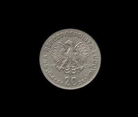 Obverse of 20 Zlots coin made by Poland in 1974, that shows Coat of arms
