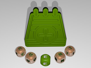 3D illustration of event graphics and text around the icon made by metallic dice letters for the related meanings of the concept and presentations. background and celebration
