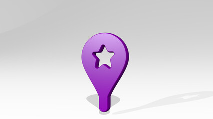 pin star from a perspective with the shadow. A thick sculpture made of metallic materials of 3D rendering. illustration and icon